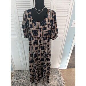 Natural Life Lucia Dress Womens M Floral Tiered Maxi Blue Red Calico Cottagecore